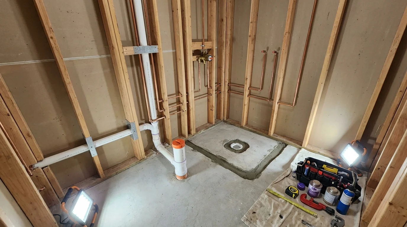 Bathroom rough-in plumbing during remodel by Johns Plumbing LLC in Woodsfield
