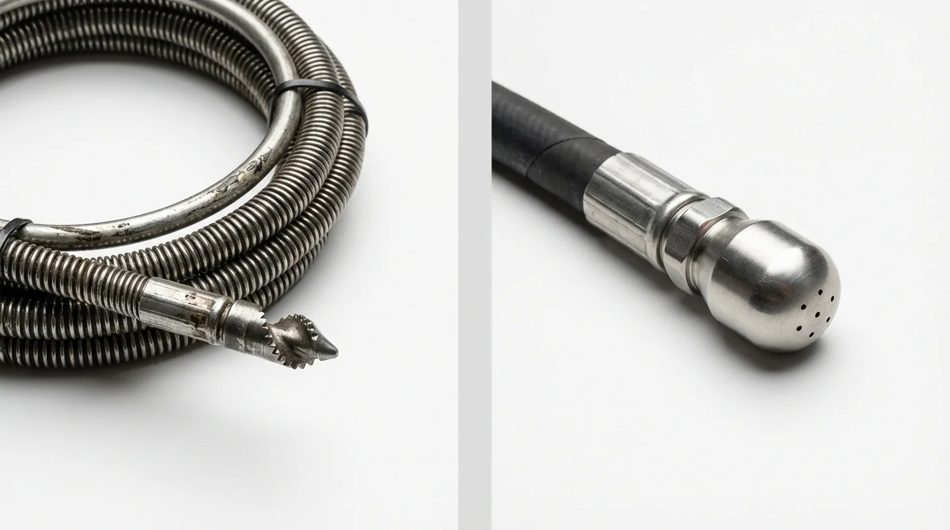 Drain snake cable and hydro jetting nozzle used for drain cleaning in Woodsfield, OH