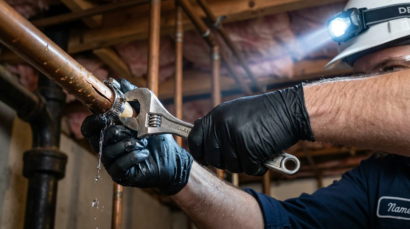Emergency pipe clamp repair being performed by a Johns Plumbing LLC plumber in Woodsfield