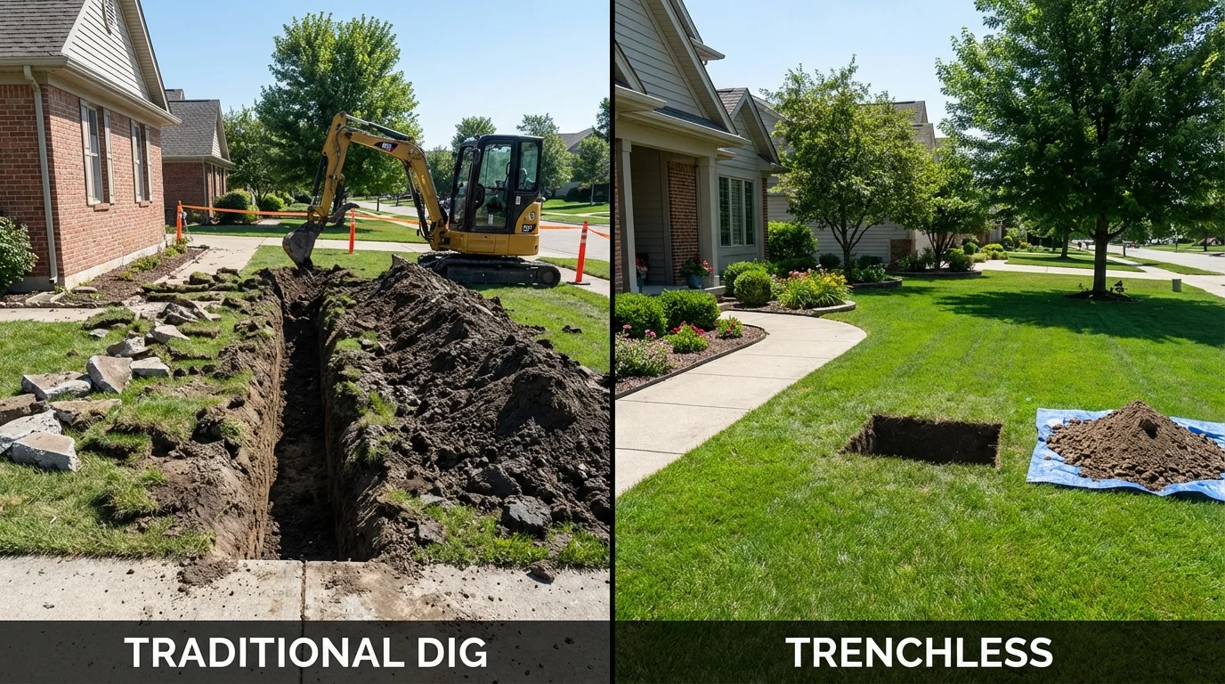 Trenchless sewer repair with minimal yard damage versus traditional excavation in Woodsfield, OH