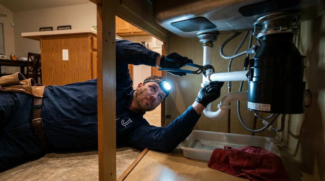 P-trap and supply line connections under a kitchen sink showing a common leak point in Woodsfield, OH